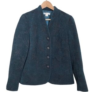 Teal Blue Tapestry Brocade Blazer Coldwater Creek Texture Abstract Floral Damask